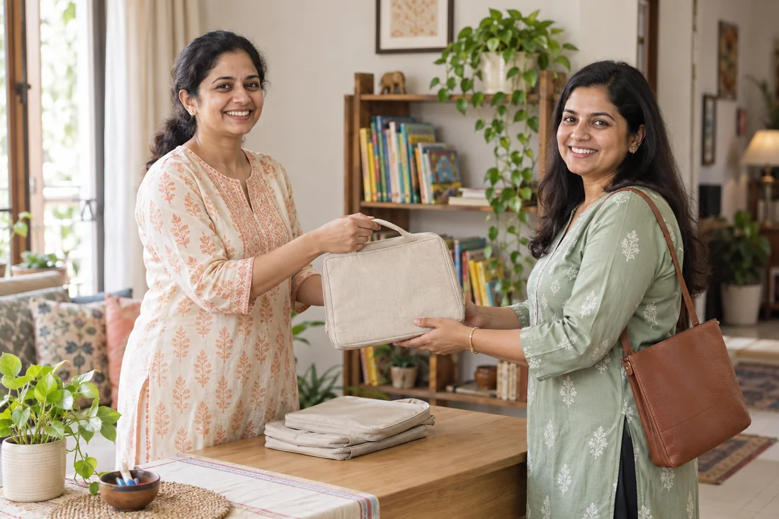 A Home Library owner handing a kit to a parent