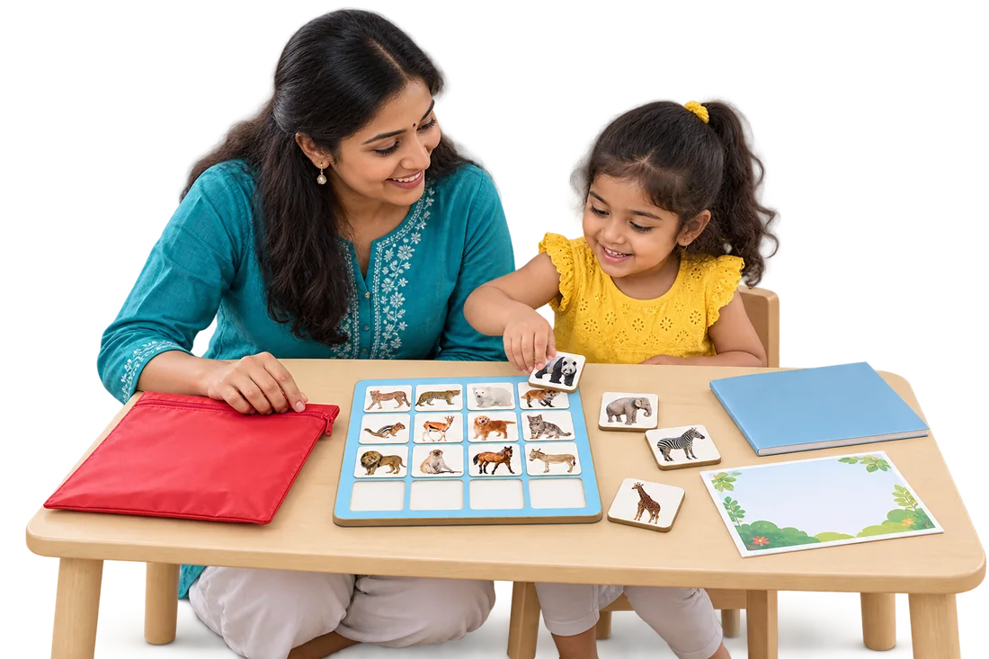 A teacher with a child and a library kit